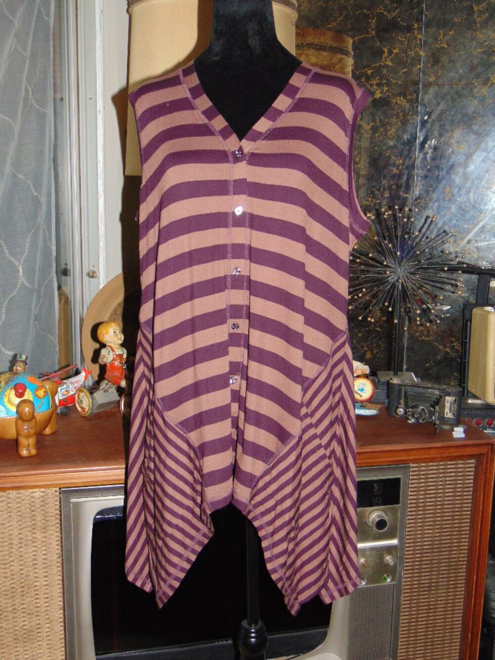 LOGO Lori Goldstein Vest Blouse Button Up Sharkbite Hem Striped Taupe Purple L